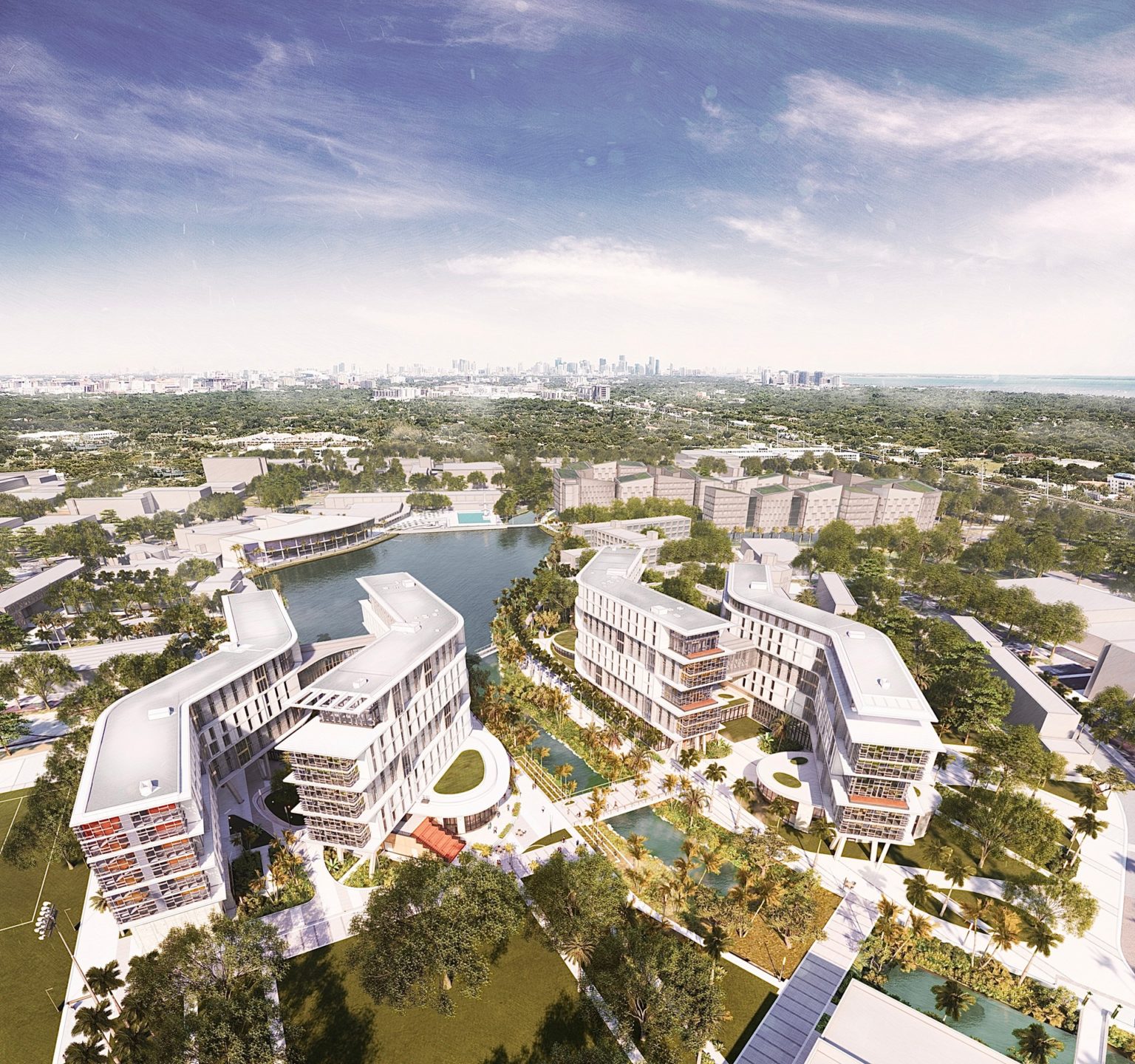 Aerial rendering of Centennial Village, the University of Miami's new residential village in Coral Gables